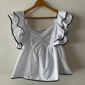 NWT Wishing Waves White‎ Rickrack Ruffle Babydoll Top Sweetheart Neckline Small